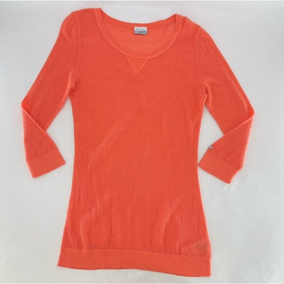 Columbia Open Knit Coral Orange 3/4 Sleeve Pullover Cotton Shirt Tunic L Beach - Picture 3 of 10